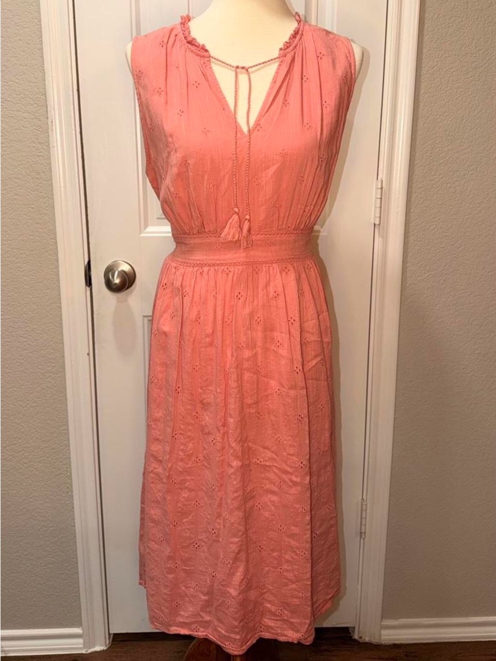 Old Navy Coral Eyelet Midi Dress with Tie Neck
